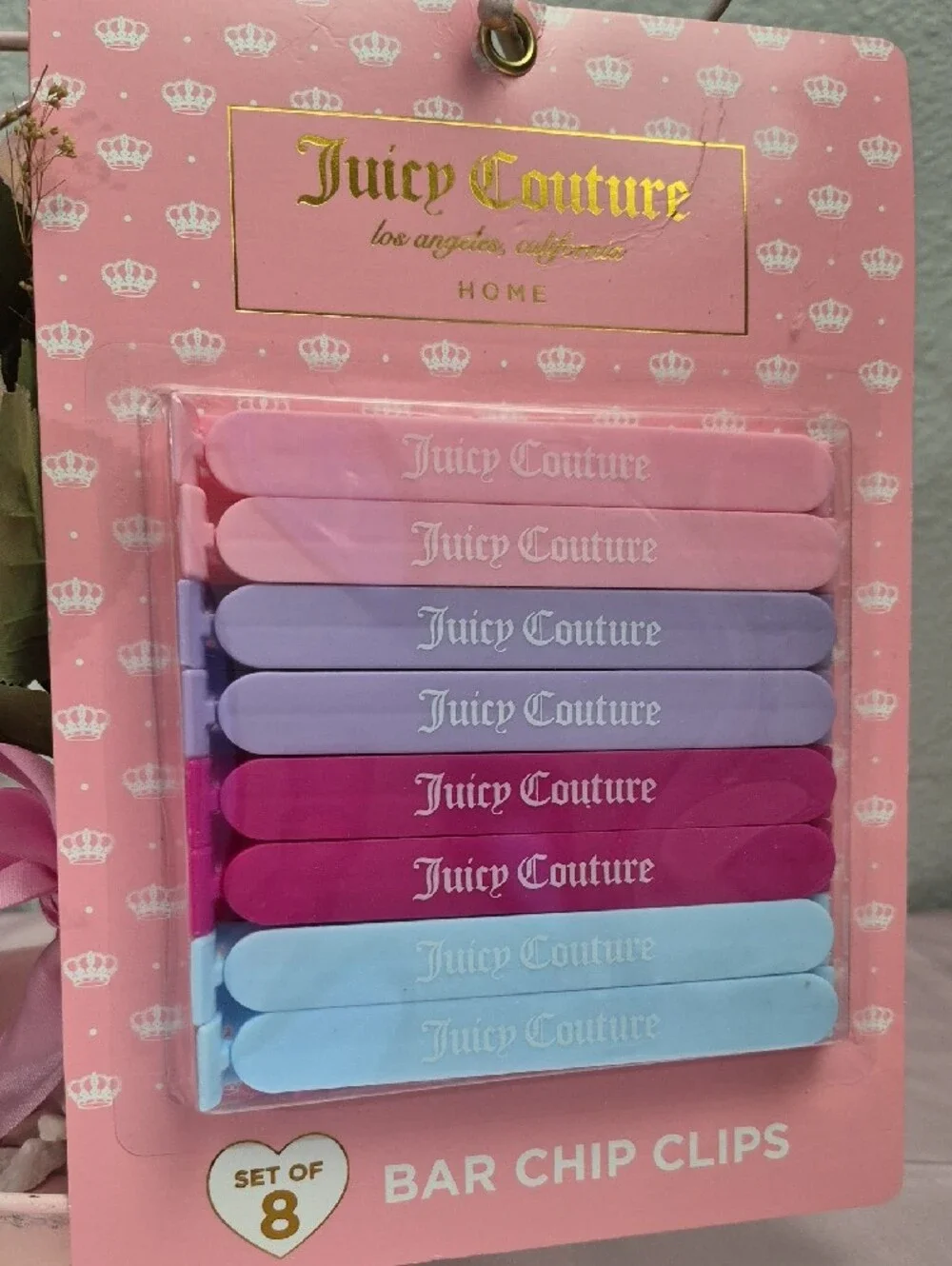 Juicy Couture Pink Multicolor Bar Chip Clips - Set of 8 New 2221